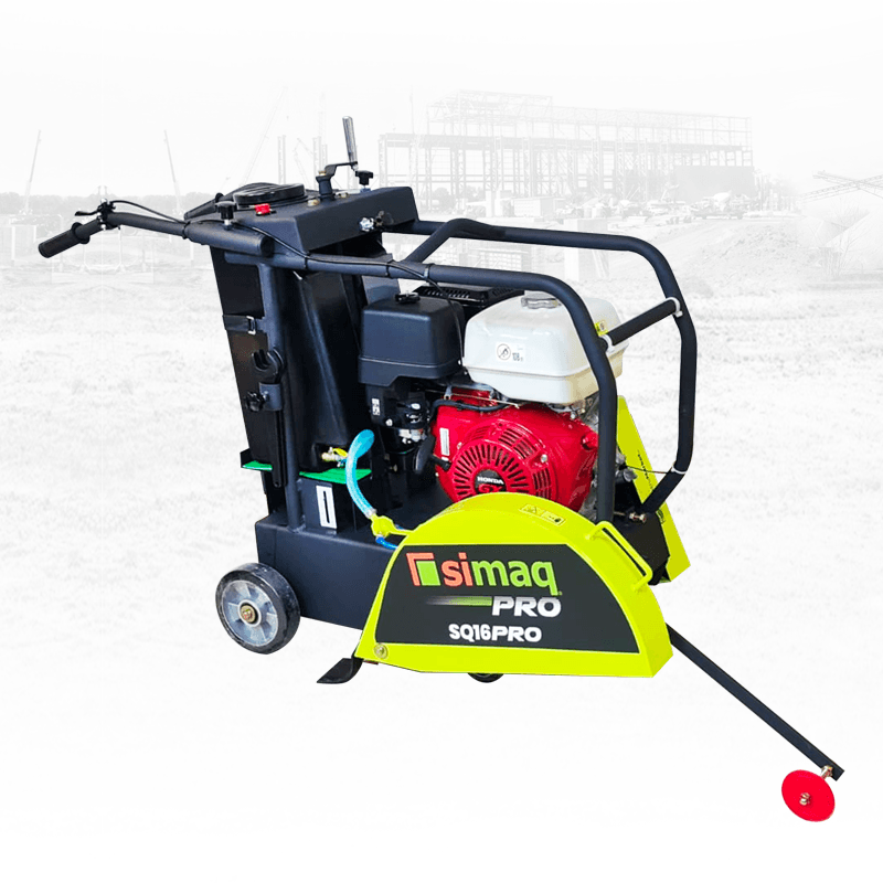 Cortadora SIMAQ SQ16 PRO vista de lado, con guarda del disco y manubrio