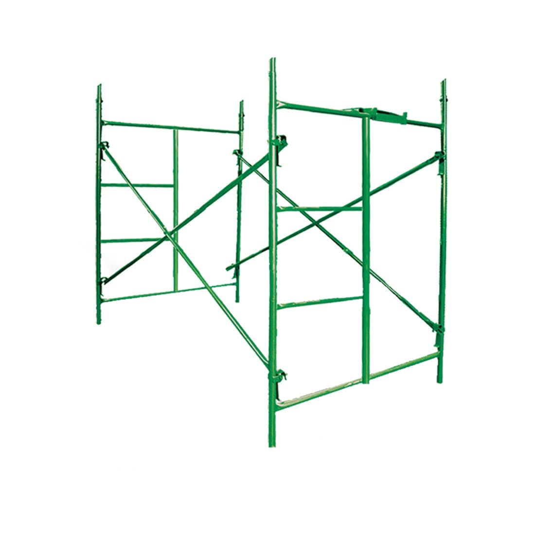 Two green tubular scaffold frames joined with cross braces