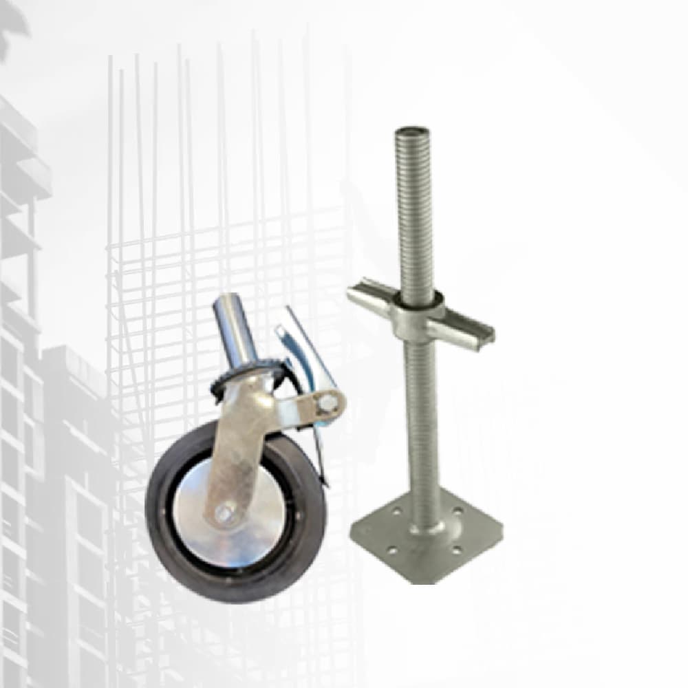 Locking caster and leveling screw jack for scaffolding