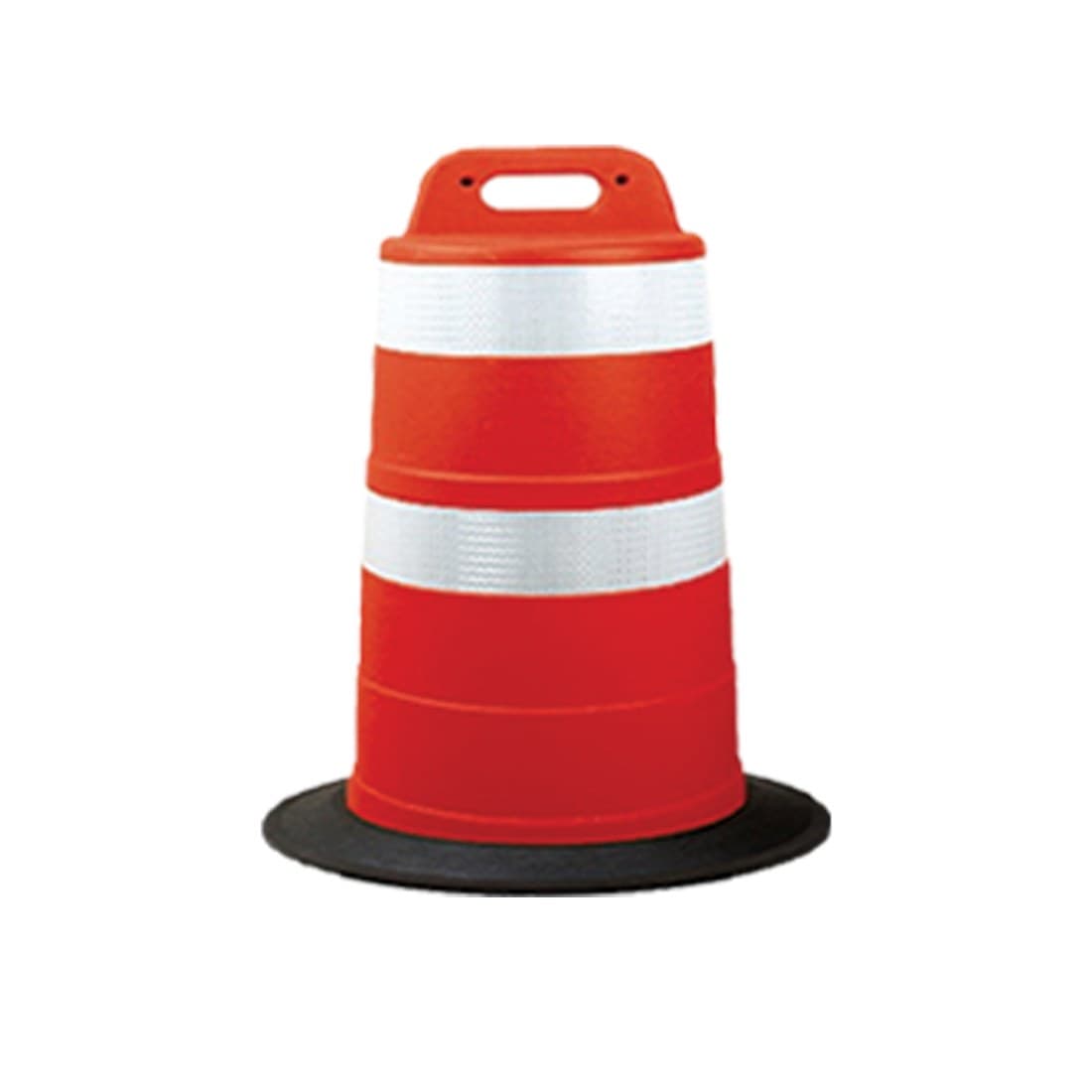 Orange channelizer drum with two reflective bands and rubber base