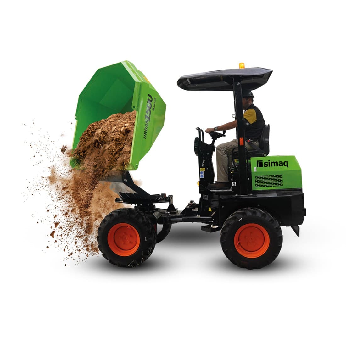 SIMAQ Urban 1500 4×4 dumper tipping a load of soil with operator aboard